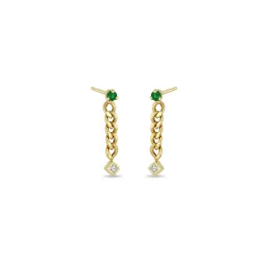 14k Prong Emerald & Princess Diamond Small Curb Chain Drop Earrings