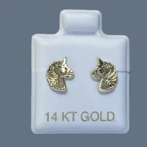 14K Solid Yellow Gold Unicorn Stud Earrings With Safety Backing