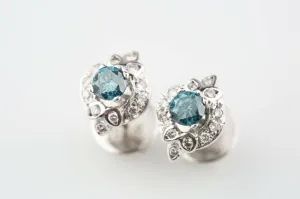 14k White Gold 0.75 Cts Color Enhanced Round Blue Diamond Solitaire Earrings