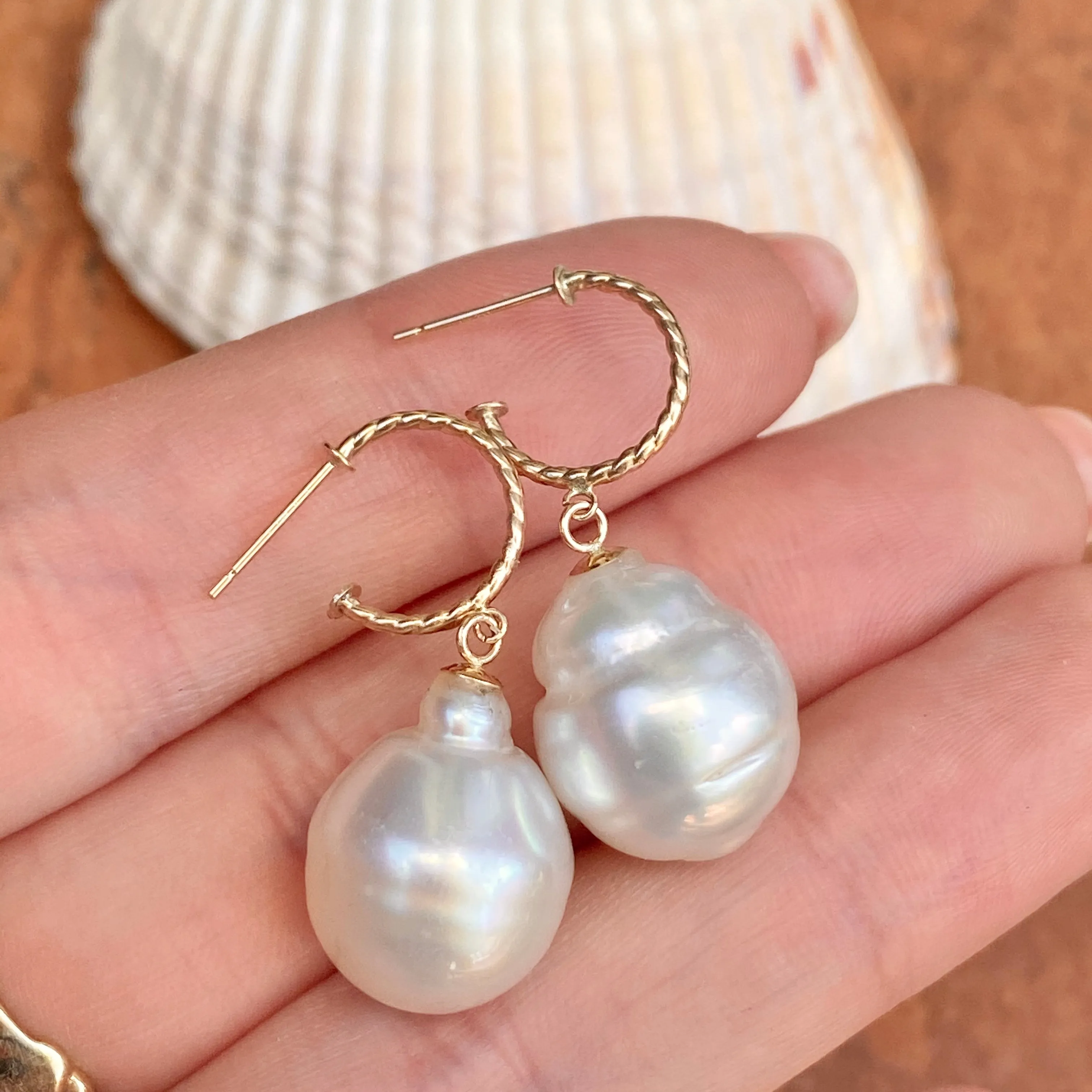 14KT Yellow Gold Rope Twist Hoop with Paspaley South Sea Pearl Drop Charm Earrings