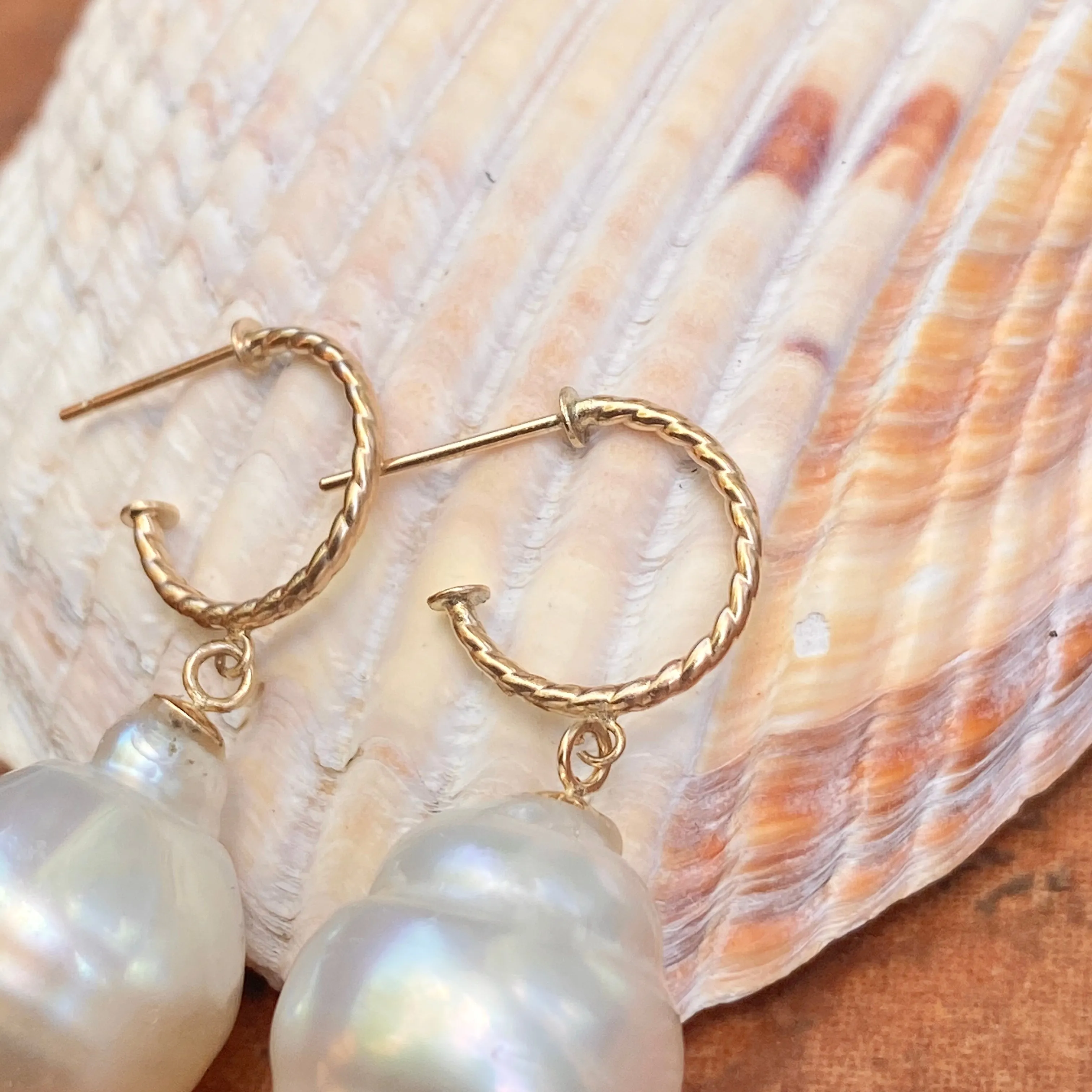 14KT Yellow Gold Rope Twist Hoop with Paspaley South Sea Pearl Drop Charm Earrings