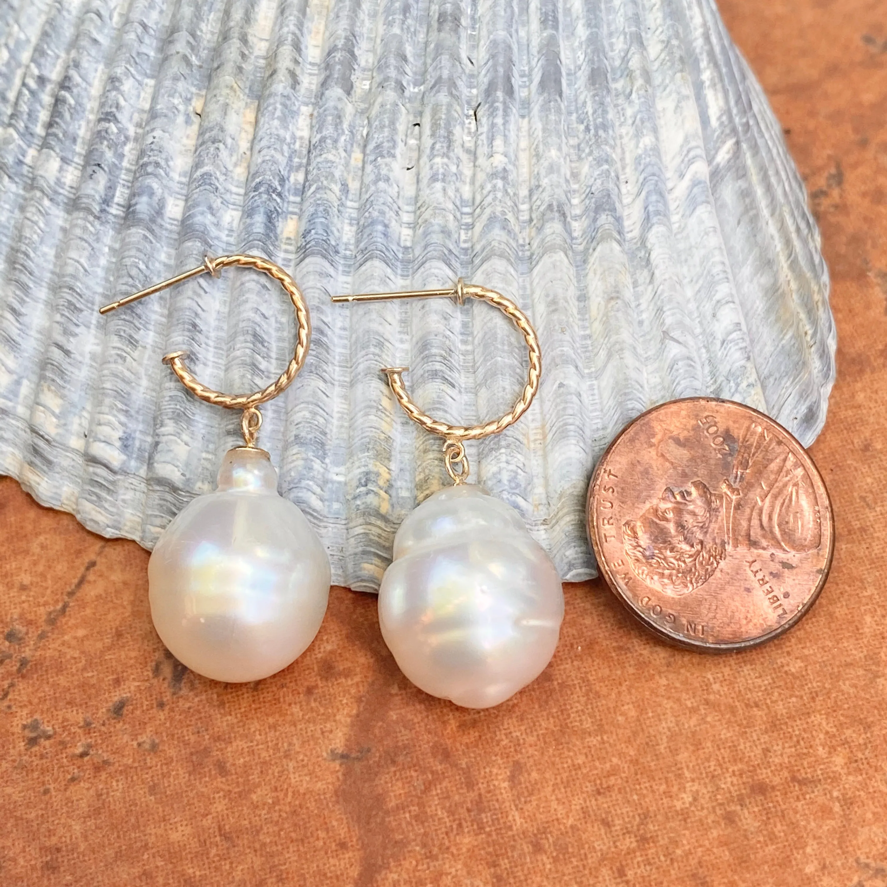 14KT Yellow Gold Rope Twist Hoop with Paspaley South Sea Pearl Drop Charm Earrings