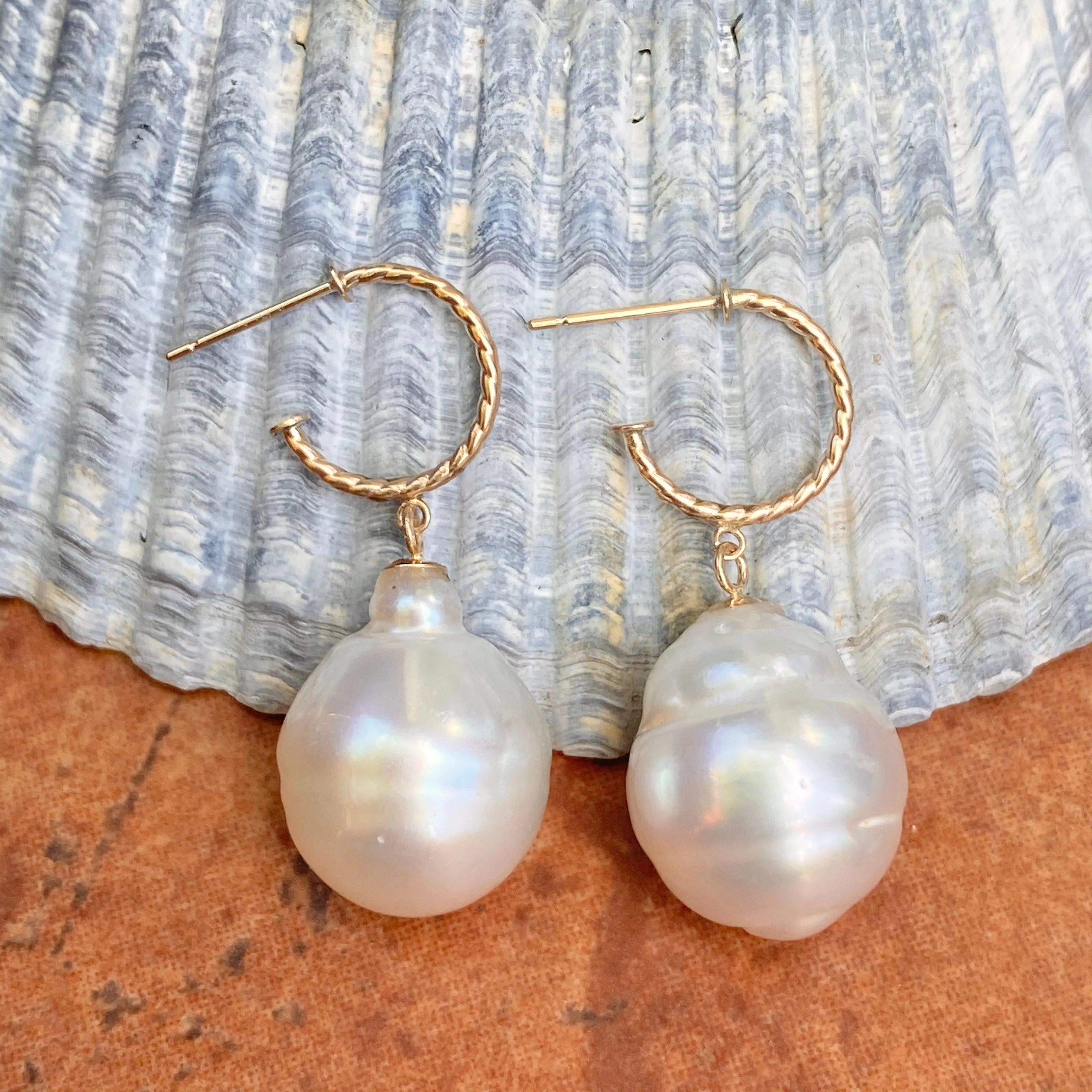 14KT Yellow Gold Rope Twist Hoop with Paspaley South Sea Pearl Drop Charm Earrings
