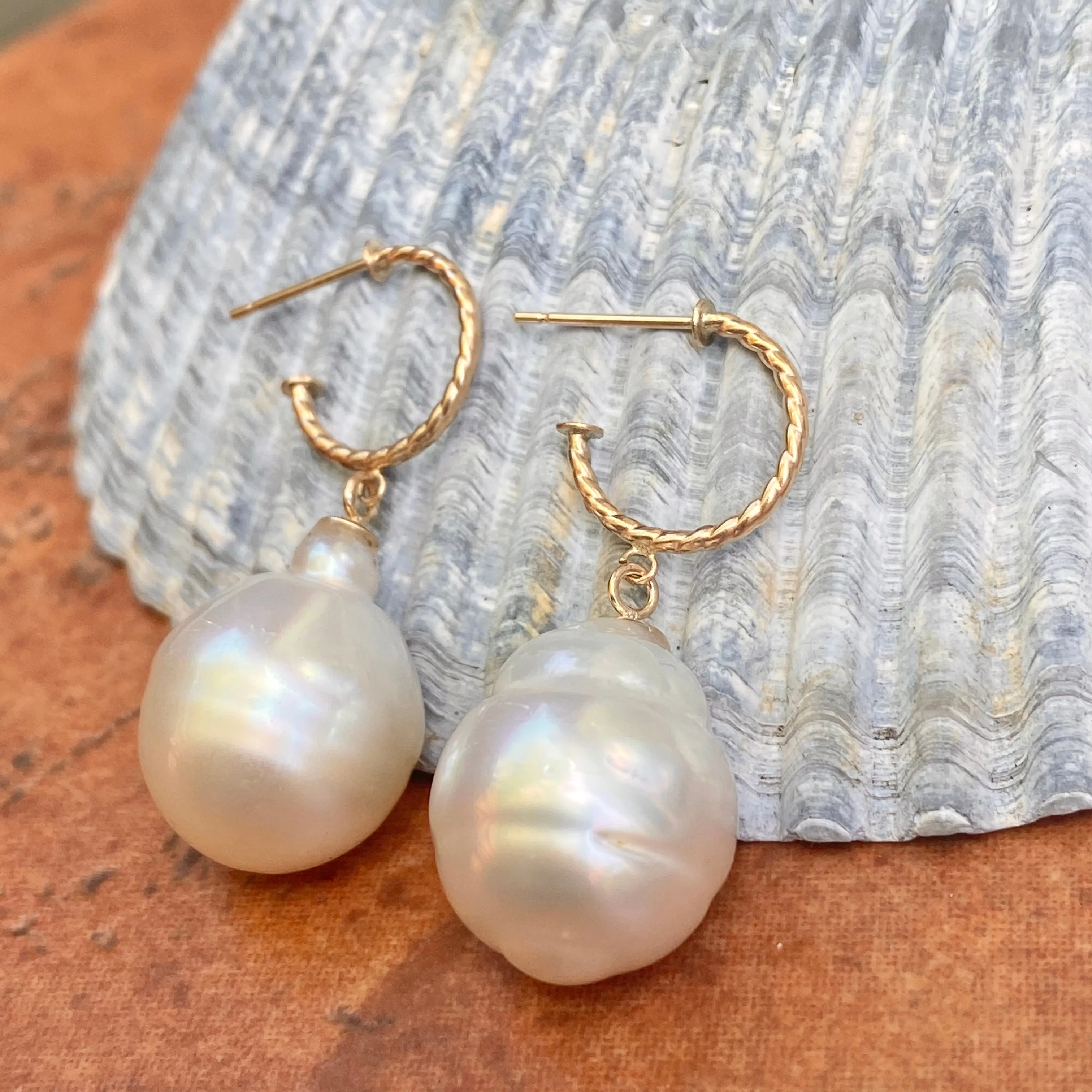 14KT Yellow Gold Rope Twist Hoop with Paspaley South Sea Pearl Drop Charm Earrings
