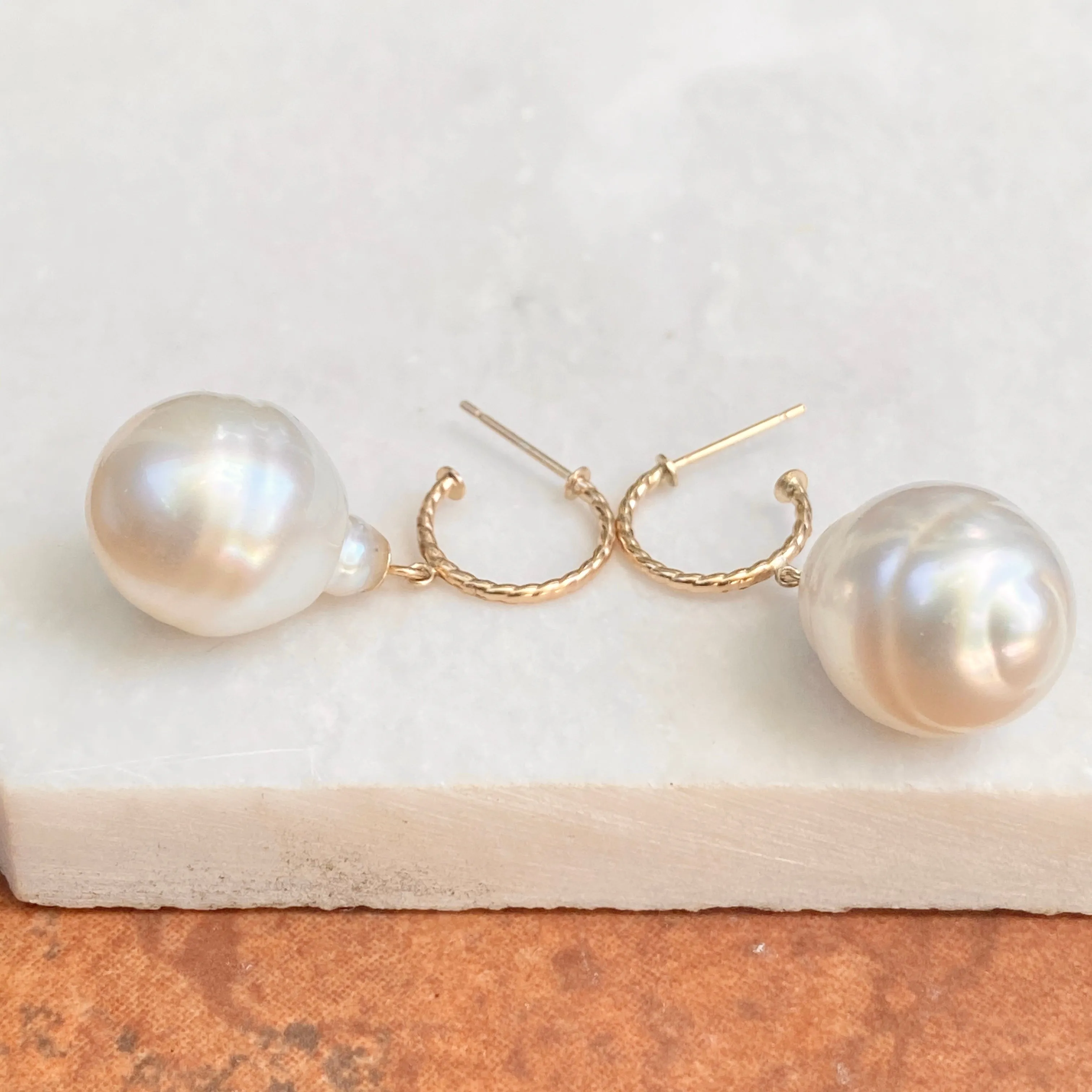 14KT Yellow Gold Rope Twist Hoop with Paspaley South Sea Pearl Drop Charm Earrings
