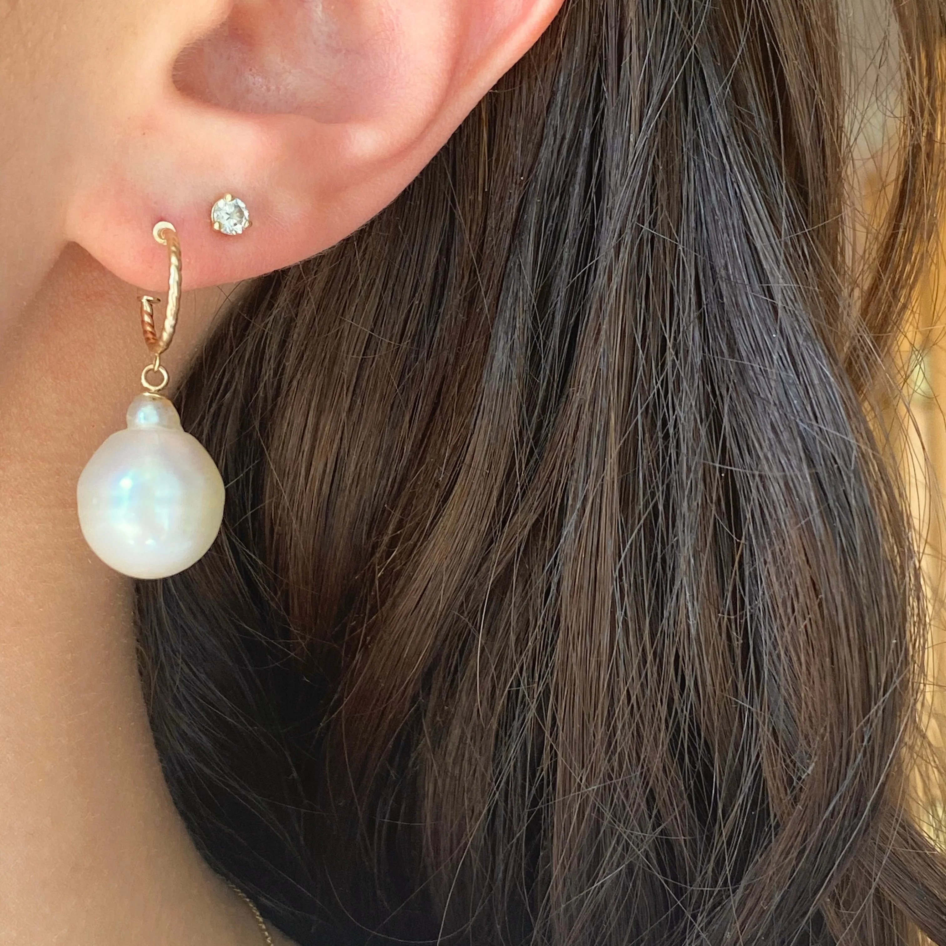 14KT Yellow Gold Rope Twist Hoop with Paspaley South Sea Pearl Drop Charm Earrings