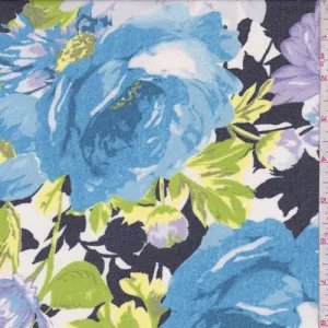 2 1/4 YD PC-Navy/Aqua/Lilac Brushed Floral Chiffon Fabric
