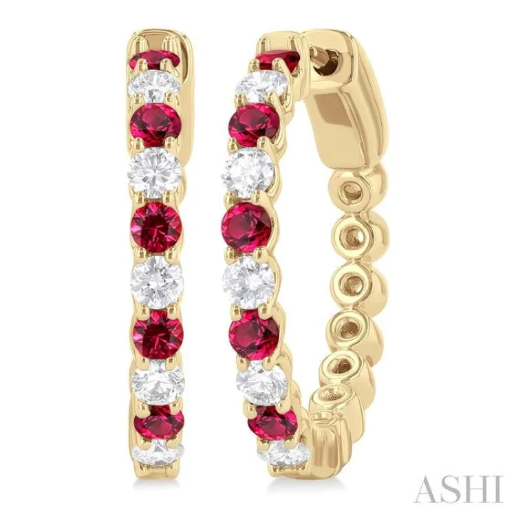 2.4 MM Round Cut Rubby and 5/8 ctw Round Cut Diamond Precious Hoop Earring in 14K Yellow Gold