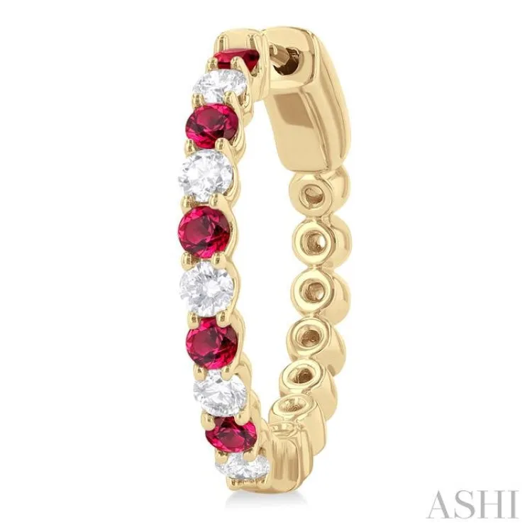 2.4 MM Round Cut Rubby and 5/8 ctw Round Cut Diamond Precious Hoop Earring in 14K Yellow Gold