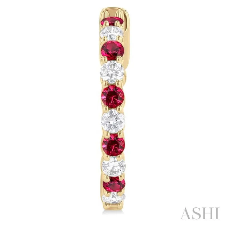 2.4 MM Round Cut Rubby and 5/8 ctw Round Cut Diamond Precious Hoop Earring in 14K Yellow Gold