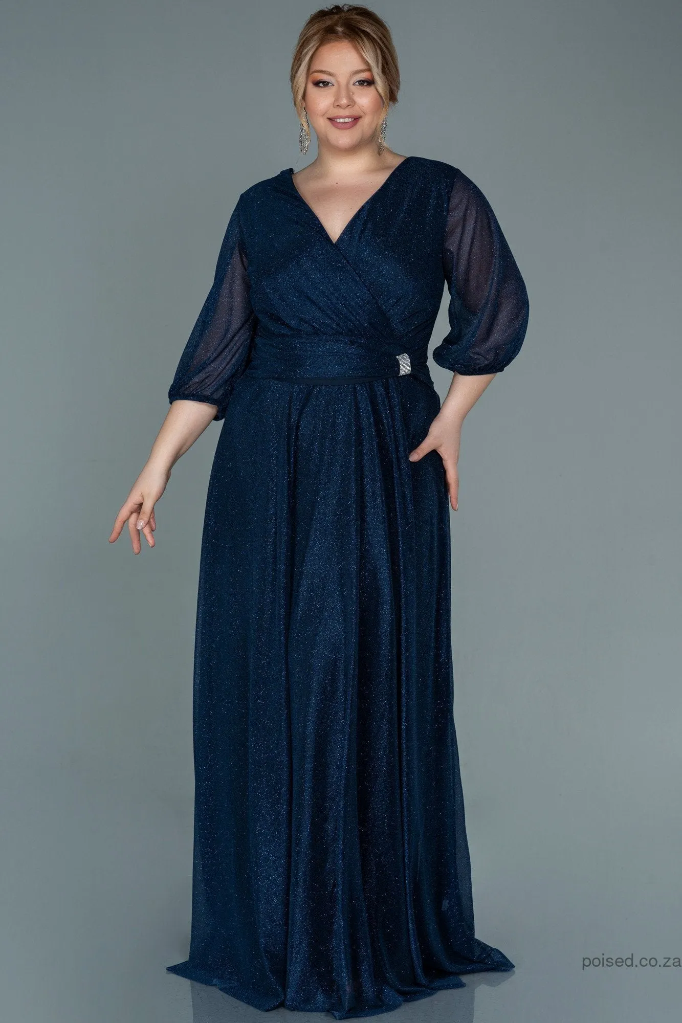 30067 Navy Blue Draped Buckle Detail Glittery Dress