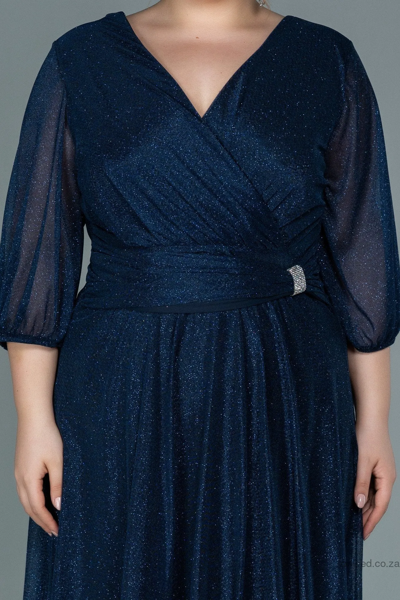 30067 Navy Blue Draped Buckle Detail Glittery Dress