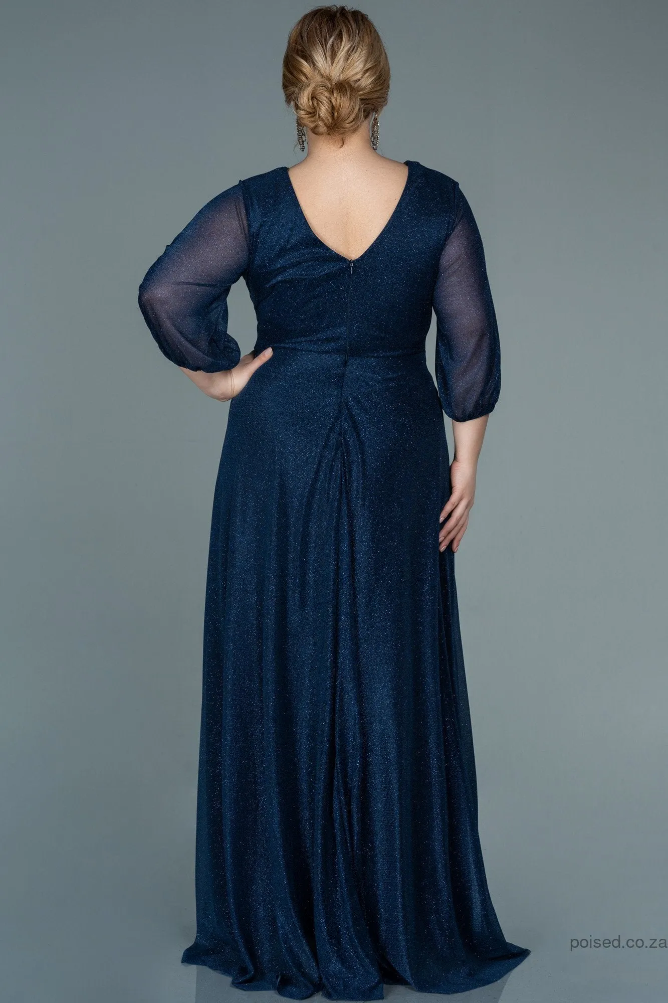 30067 Navy Blue Draped Buckle Detail Glittery Dress