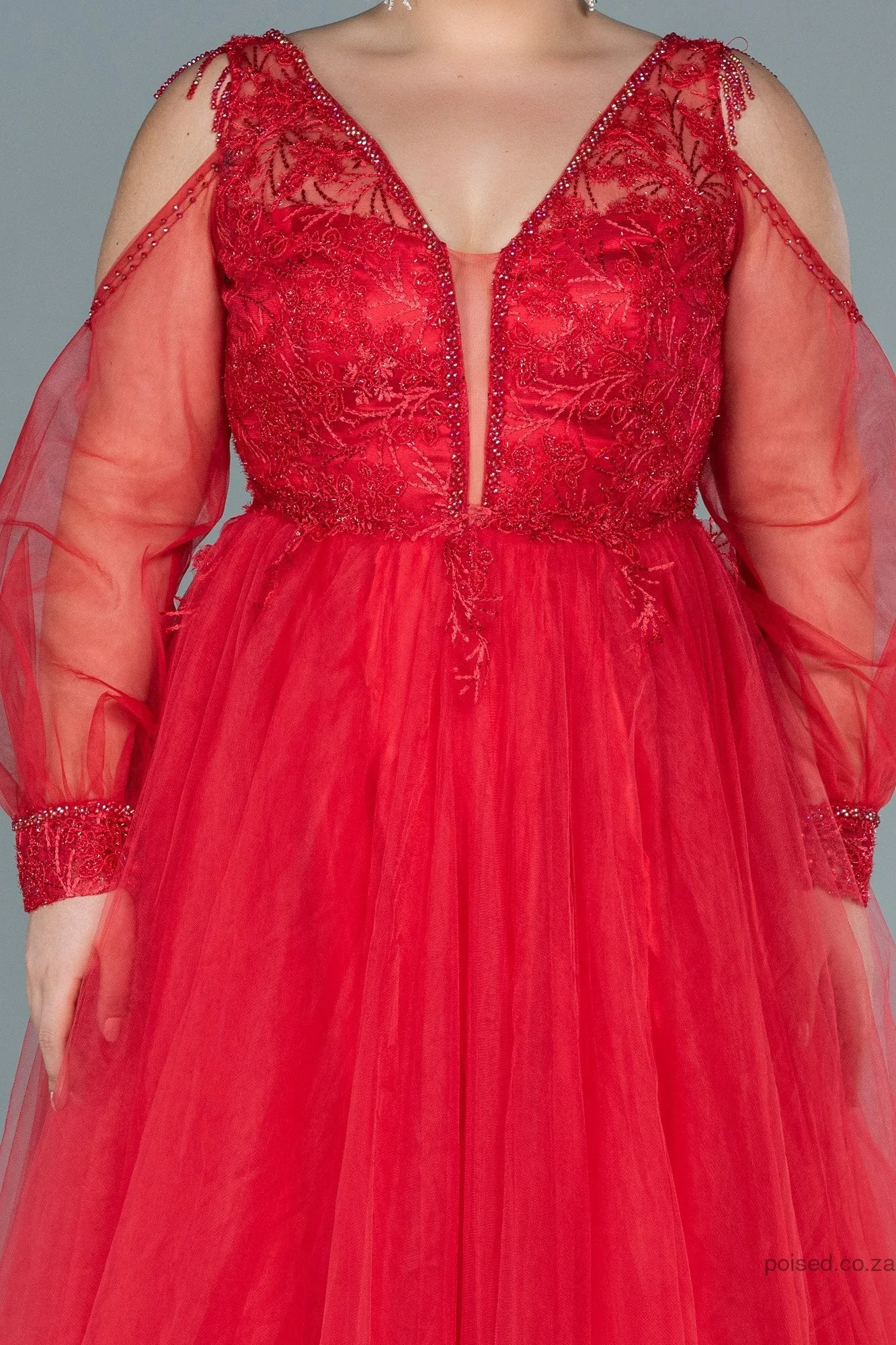 30070 Red Embroidered Open Back Tulle Princess Dress