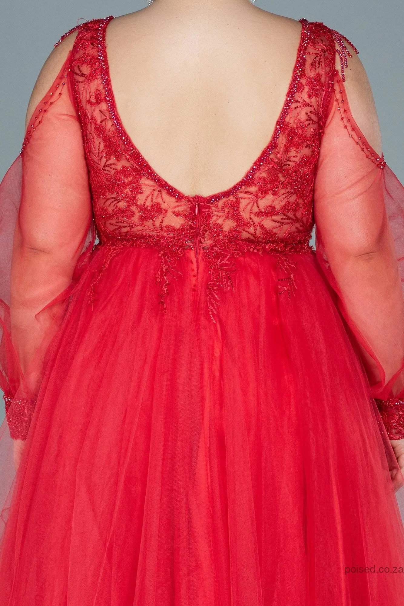 30070 Red Embroidered Open Back Tulle Princess Dress