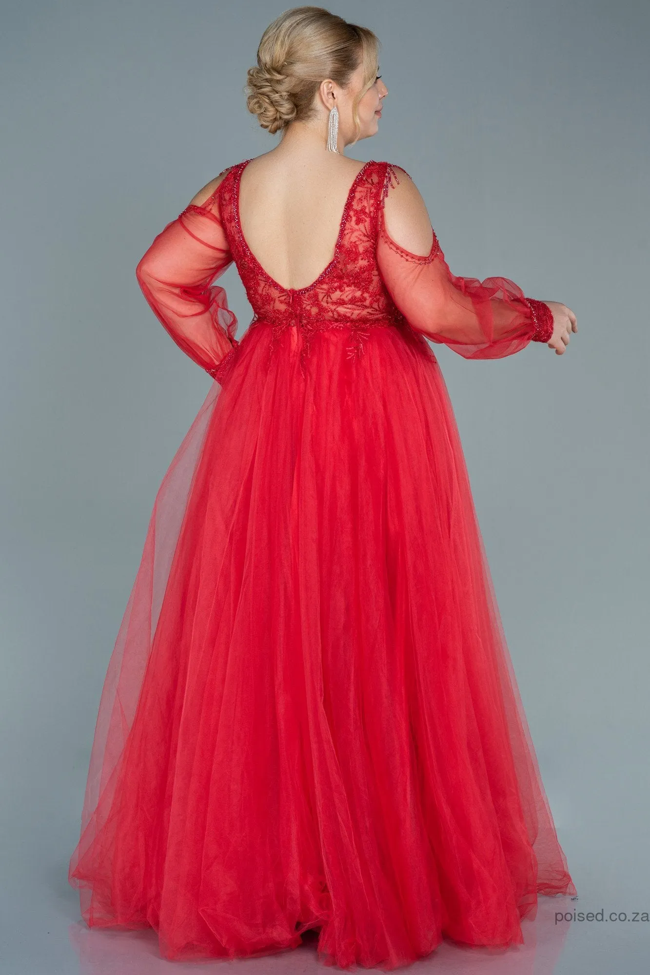 30070 Red Embroidered Open Back Tulle Princess Dress