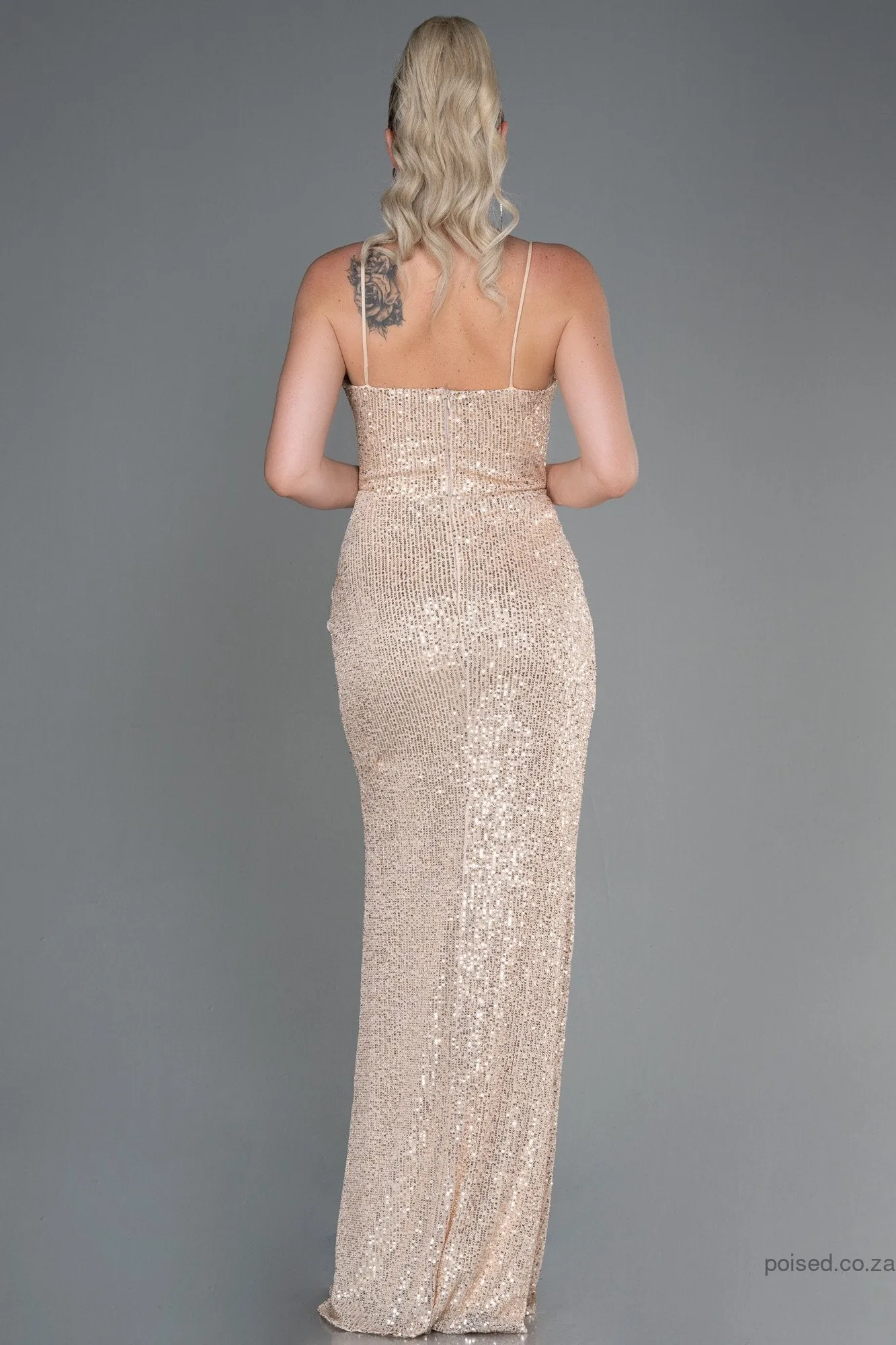 30146 Mink-Gold Sequins Slit Strap Corset Dress