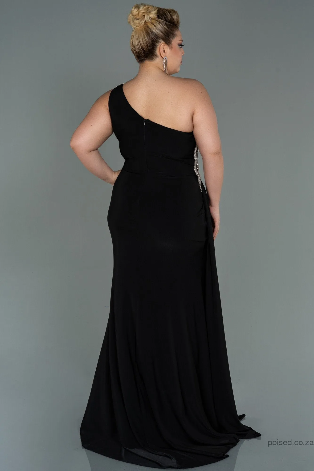 30152 Black Draped One Shoulder Slit Dress