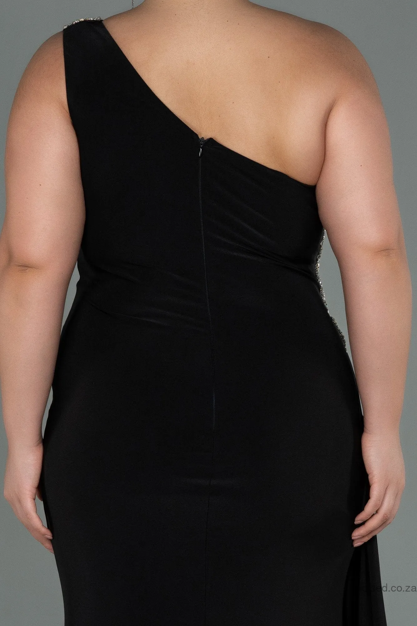 30152 Black Draped One Shoulder Slit Dress