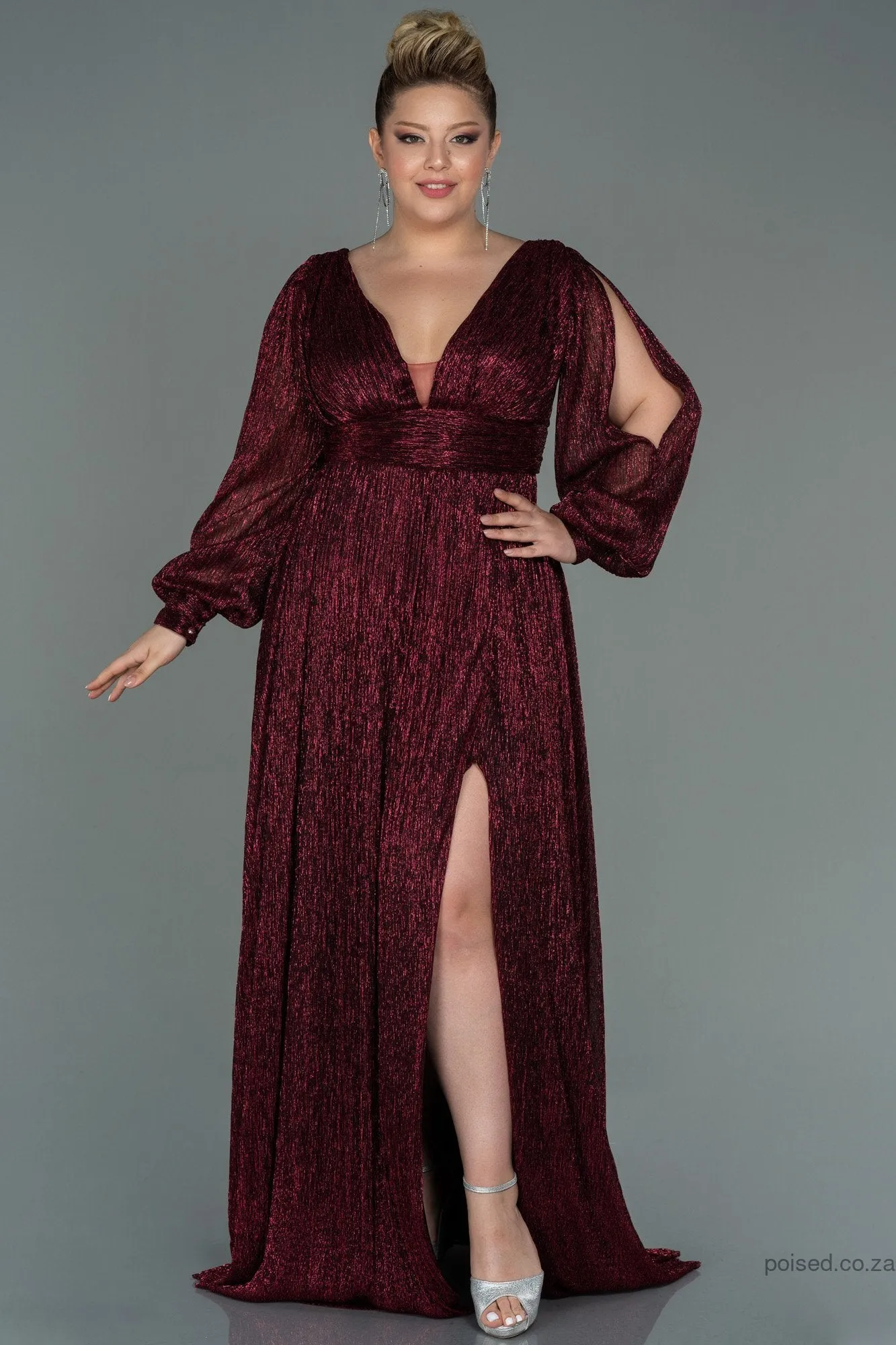 30154 Burgundy Draped Waist Slit Sleeve Shimmer Dress