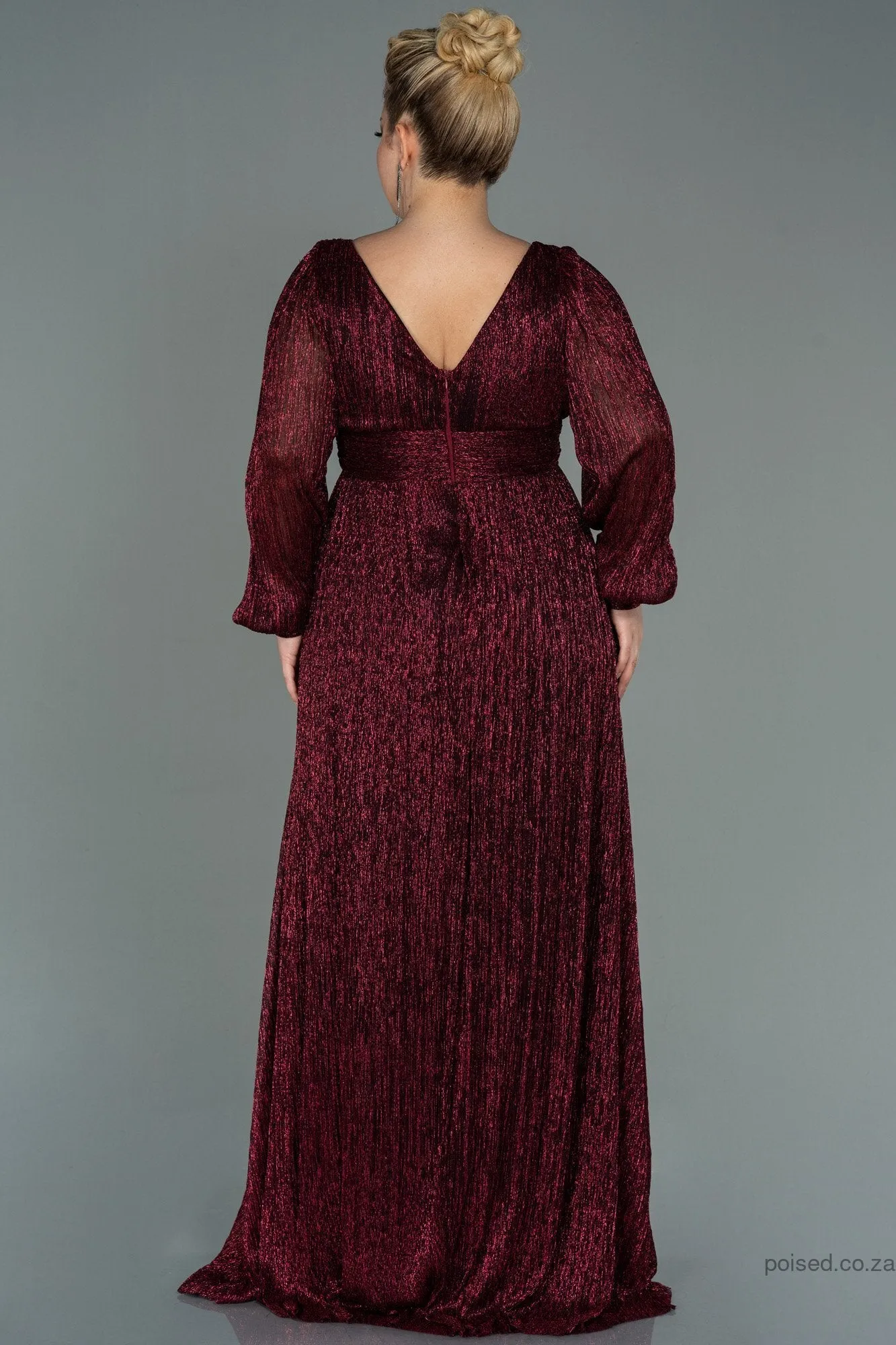 30154 Burgundy Draped Waist Slit Sleeve Shimmer Dress