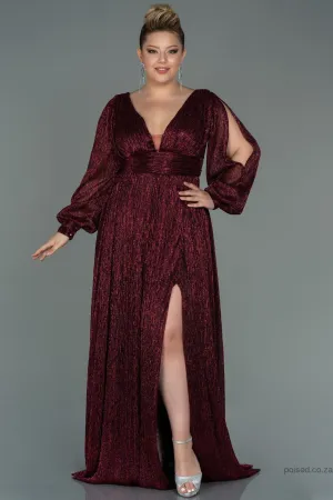 30154 Burgundy Draped Waist Slit Sleeve Shimmer Dress