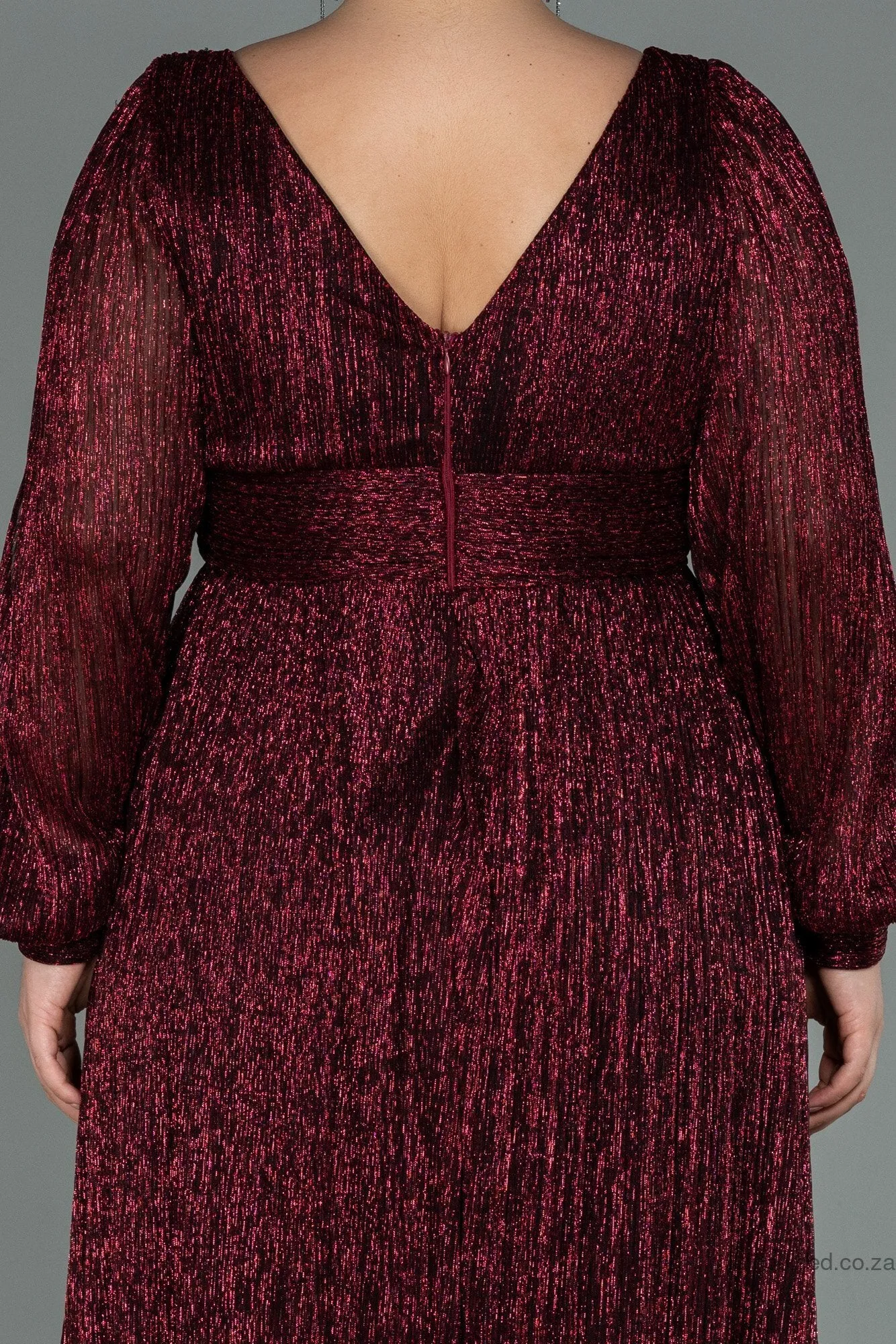 30154 Burgundy Draped Waist Slit Sleeve Shimmer Dress