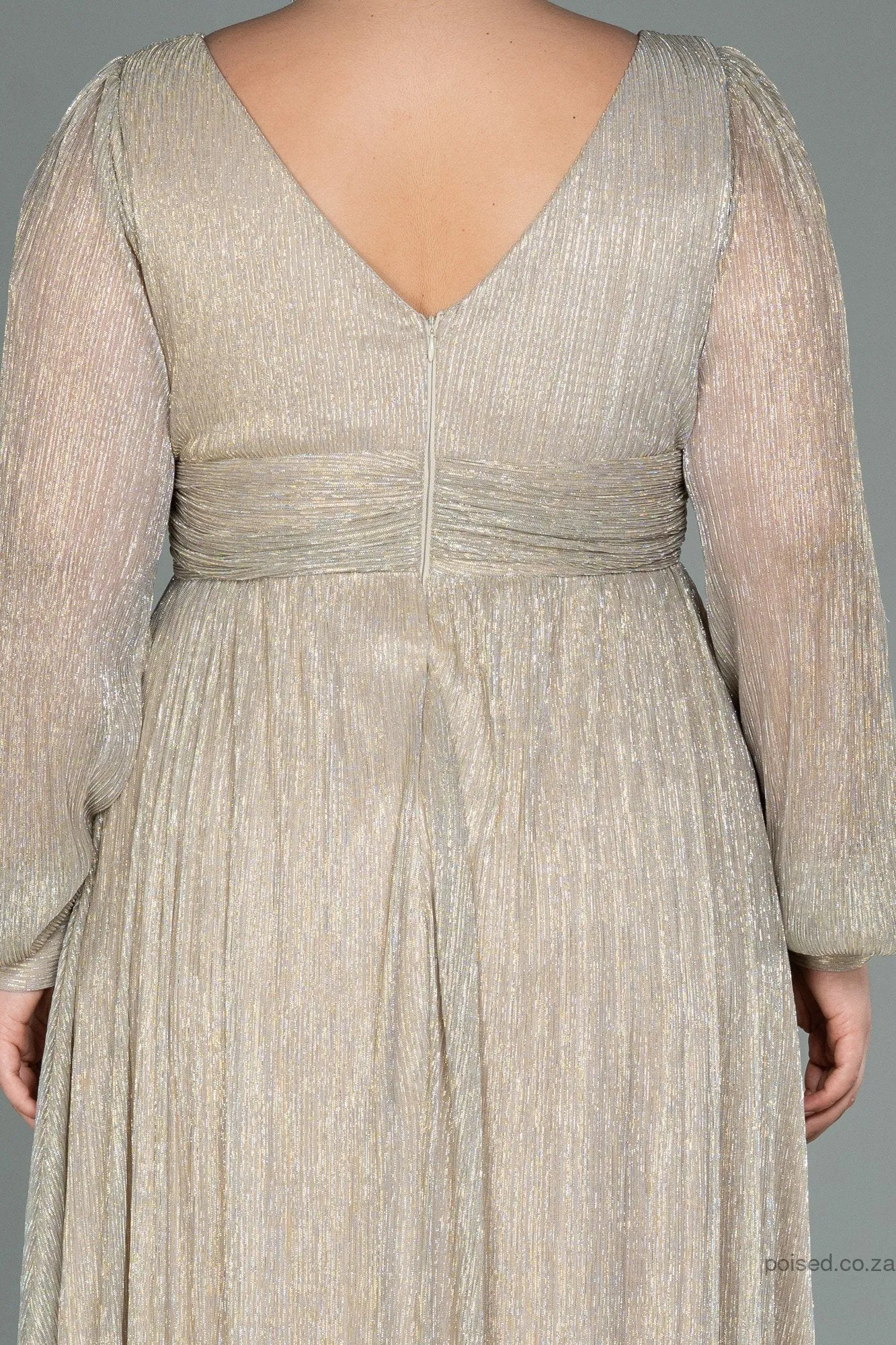 30158 Beige Draped Waist Slit Sleeve Shimmer Dress