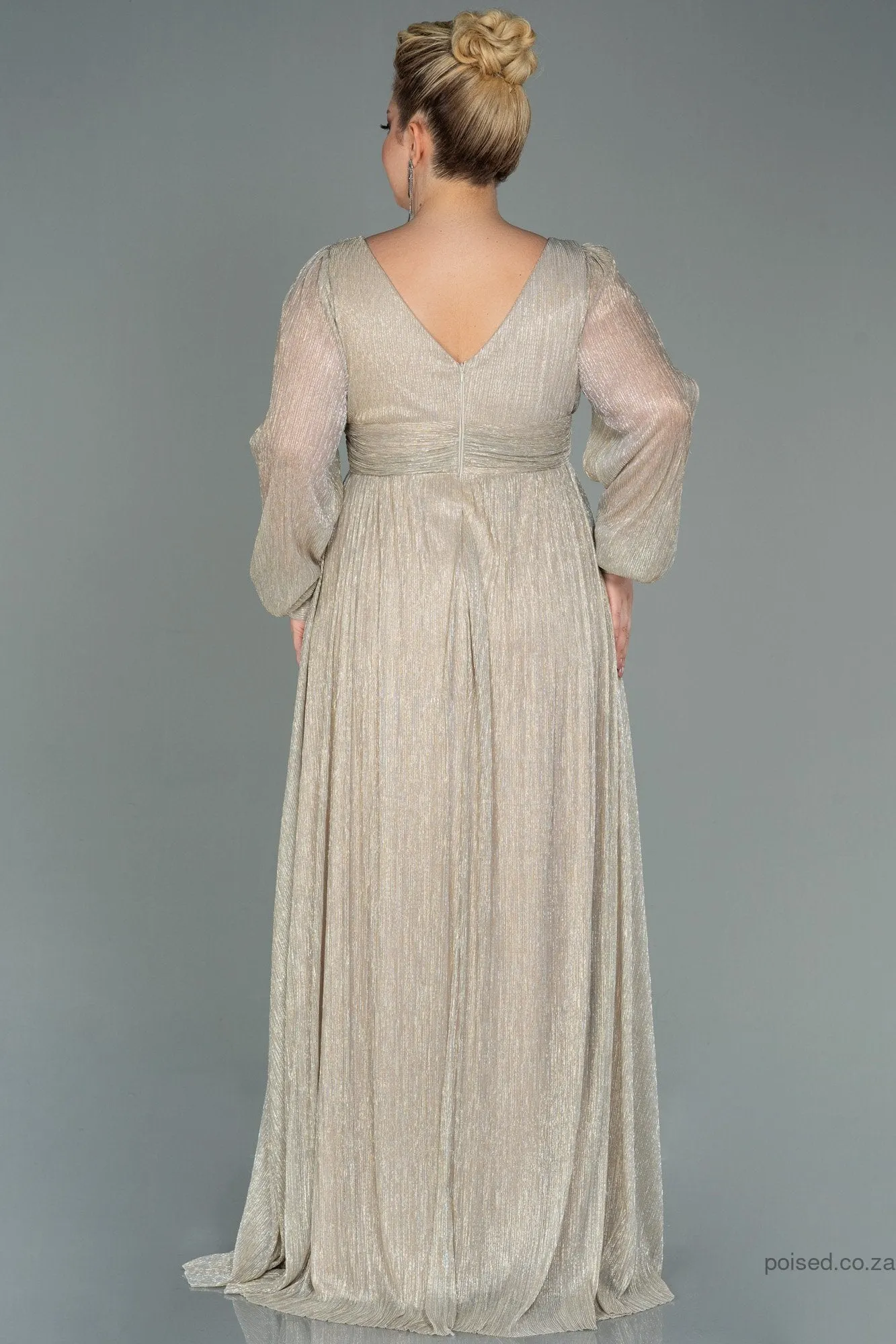 30158 Beige Draped Waist Slit Sleeve Shimmer Dress