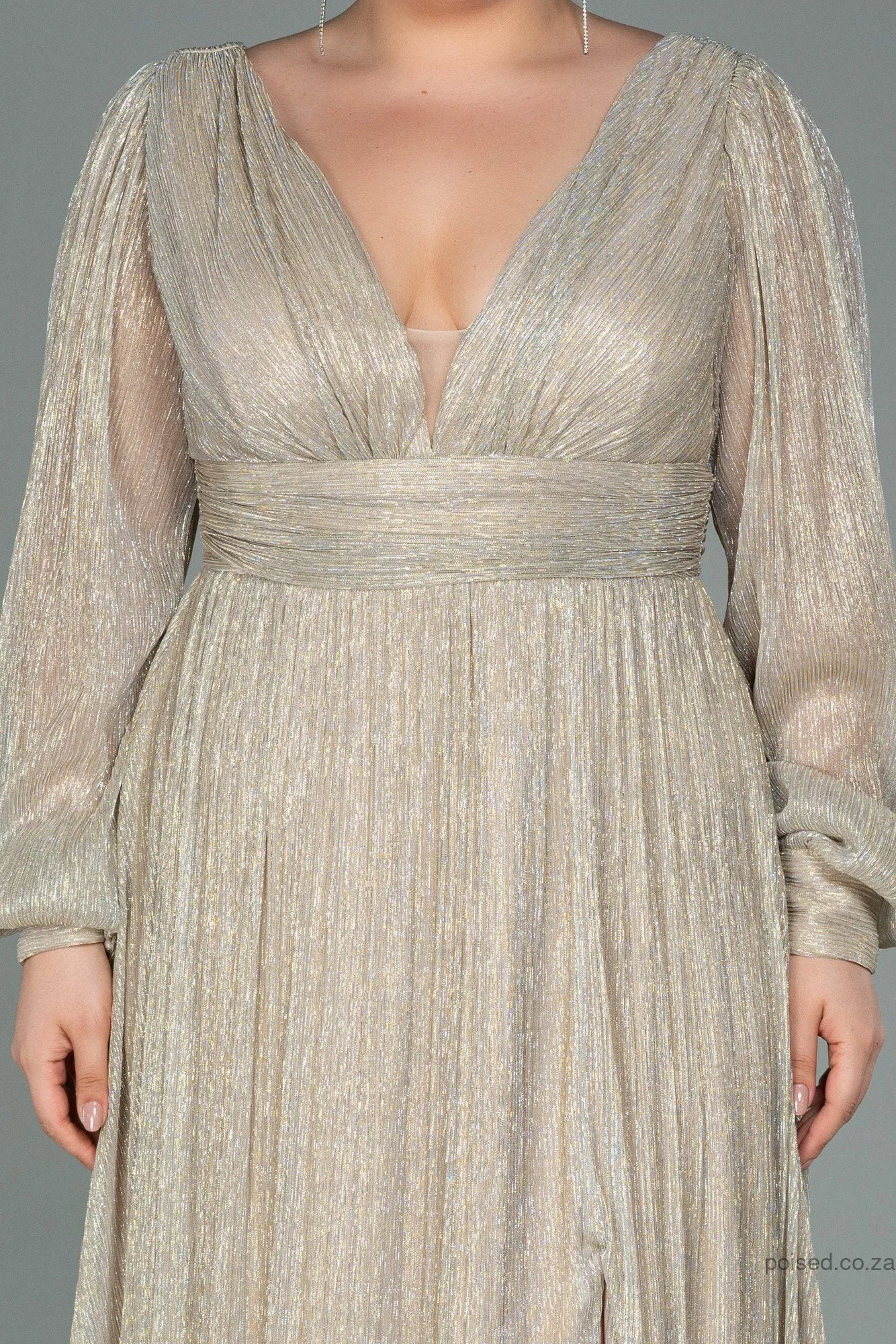 30158 Beige Draped Waist Slit Sleeve Shimmer Dress