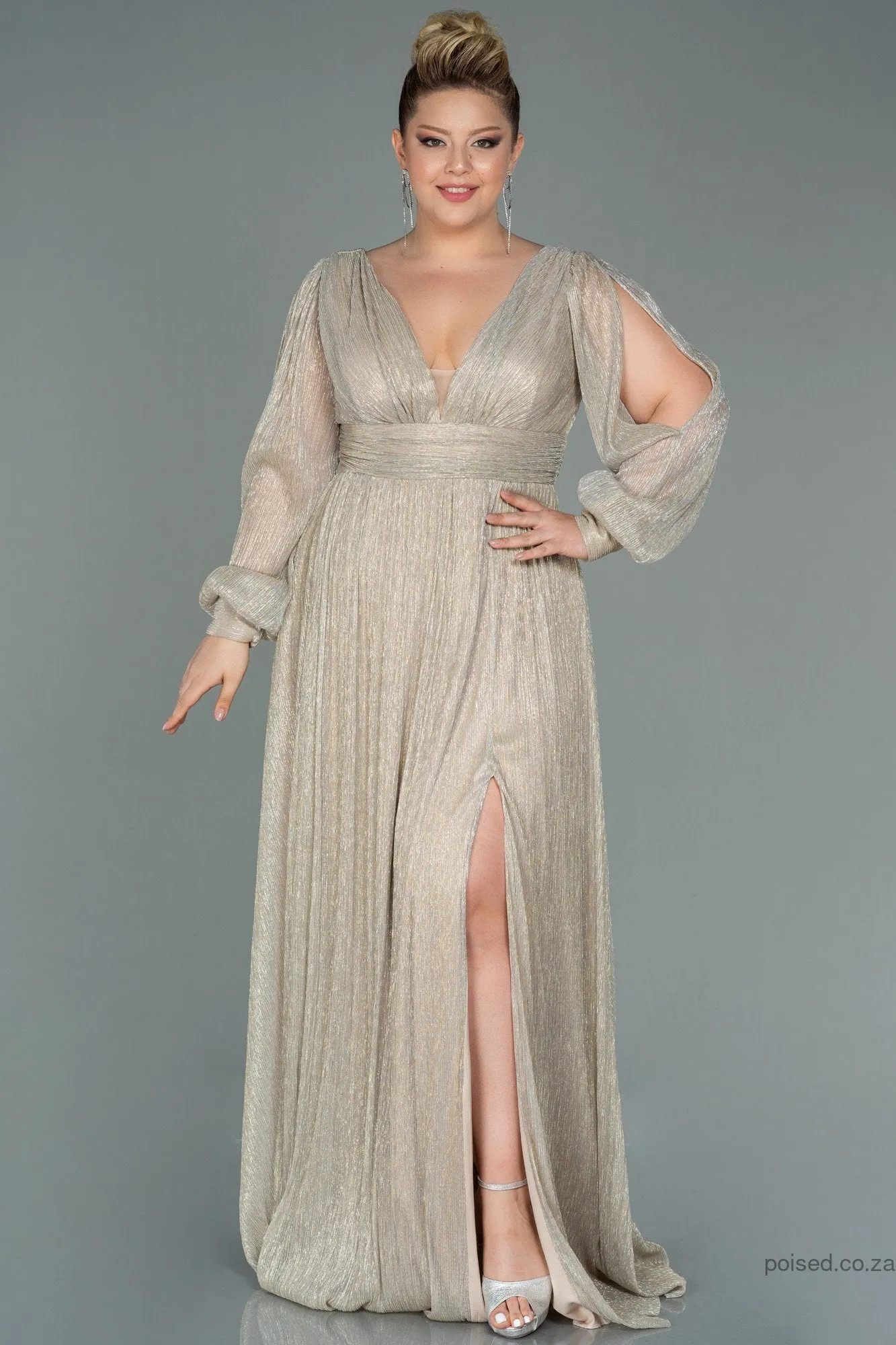 30158 Beige Draped Waist Slit Sleeve Shimmer Dress