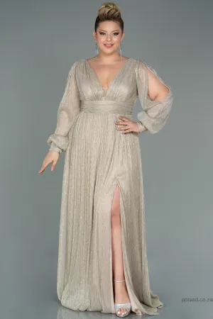 30158 Beige Draped Waist Slit Sleeve Shimmer Dress