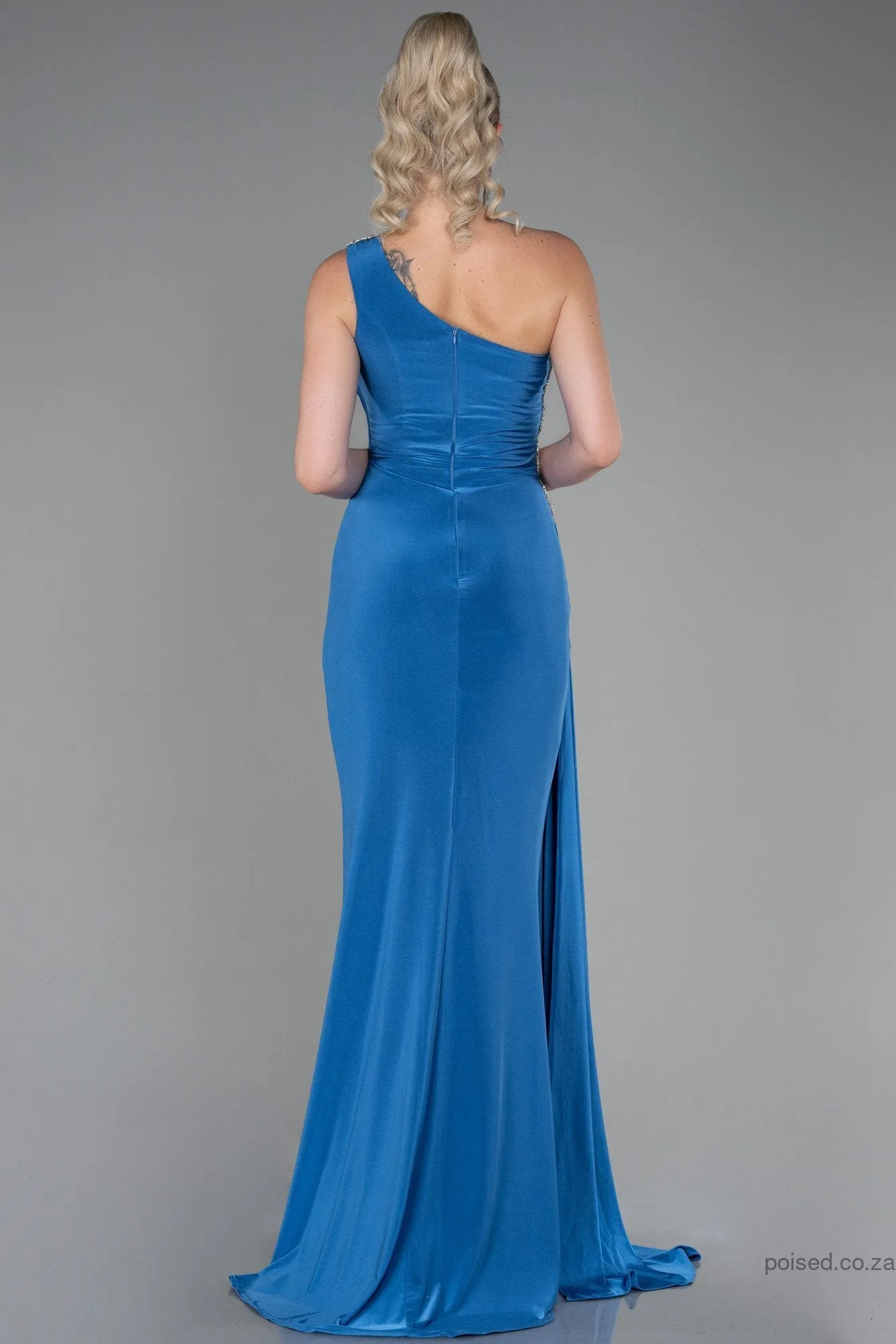 30169 Blue One Shoulder Draped Slit Dress