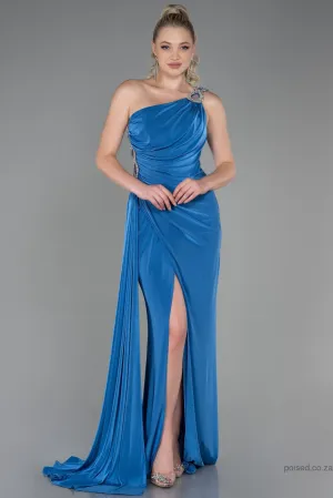 30169 Blue One Shoulder Draped Slit Dress