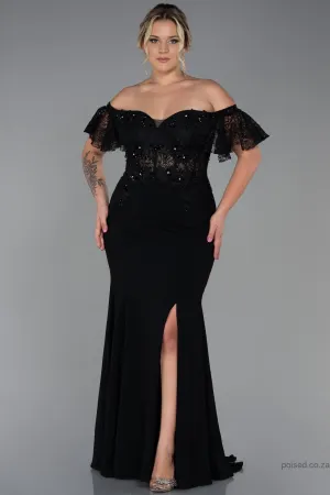 30170 Black Off-Shoulder Transparent Waist Slit Mermaid Dress