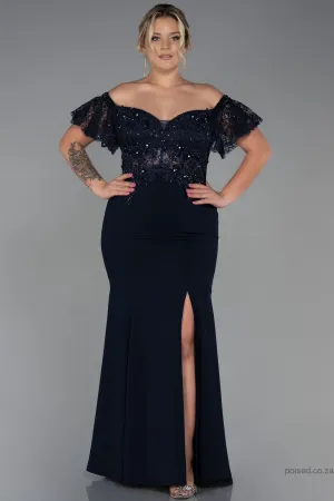 30172 Navy Blue Off-Shoulder Transparent Waist Slit Mermaid Dress