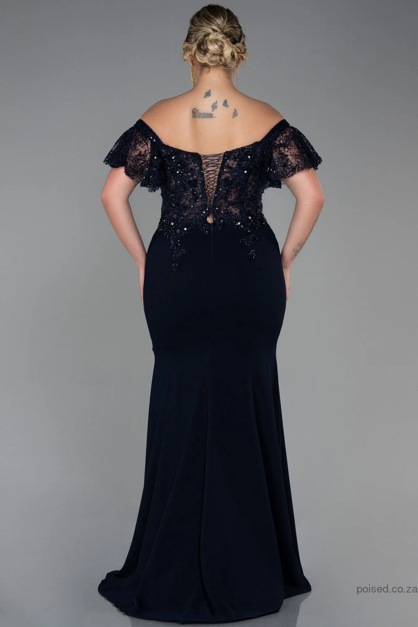 30172 Navy Blue Off-Shoulder Transparent Waist Slit Mermaid Dress