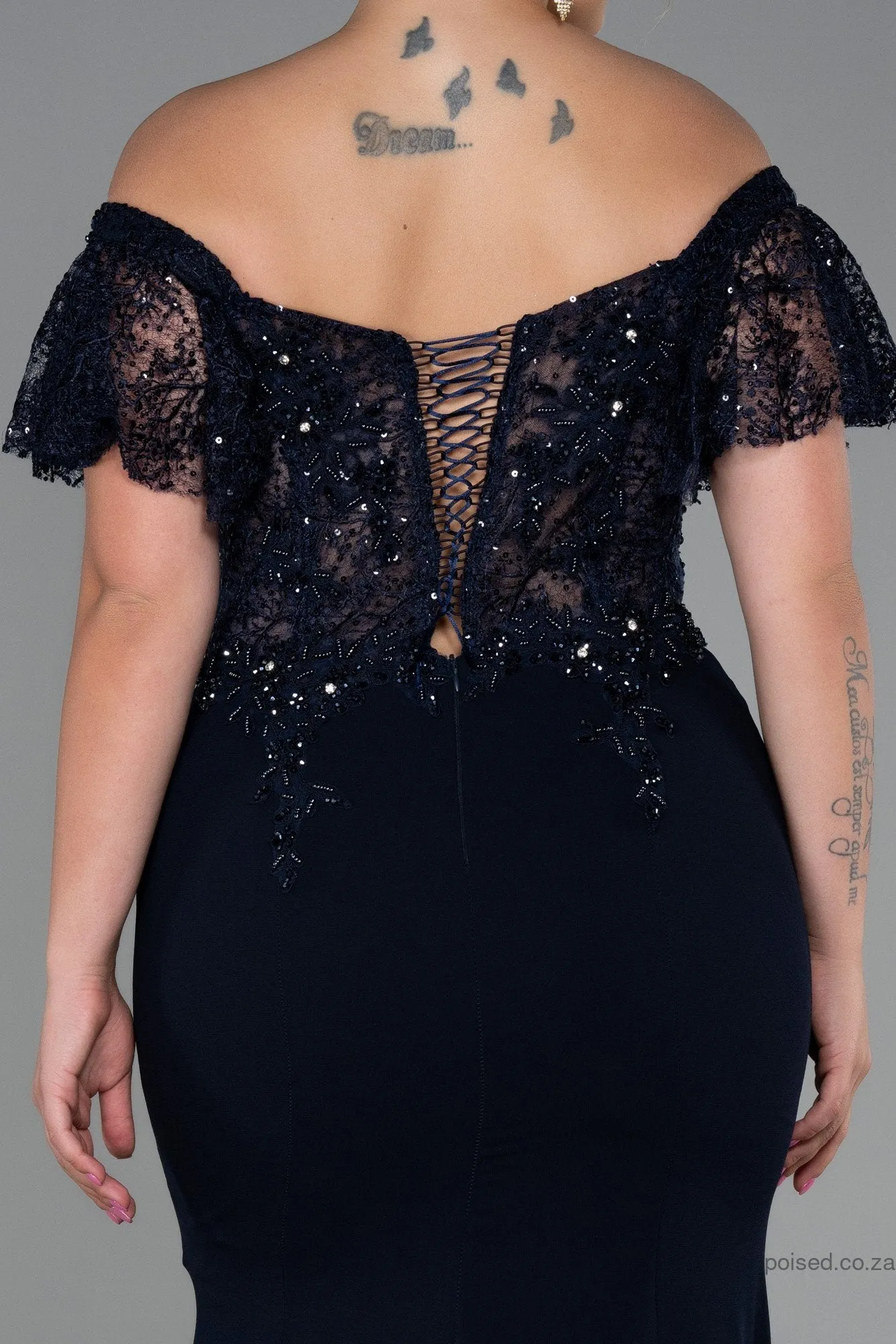 30172 Navy Blue Off-Shoulder Transparent Waist Slit Mermaid Dress