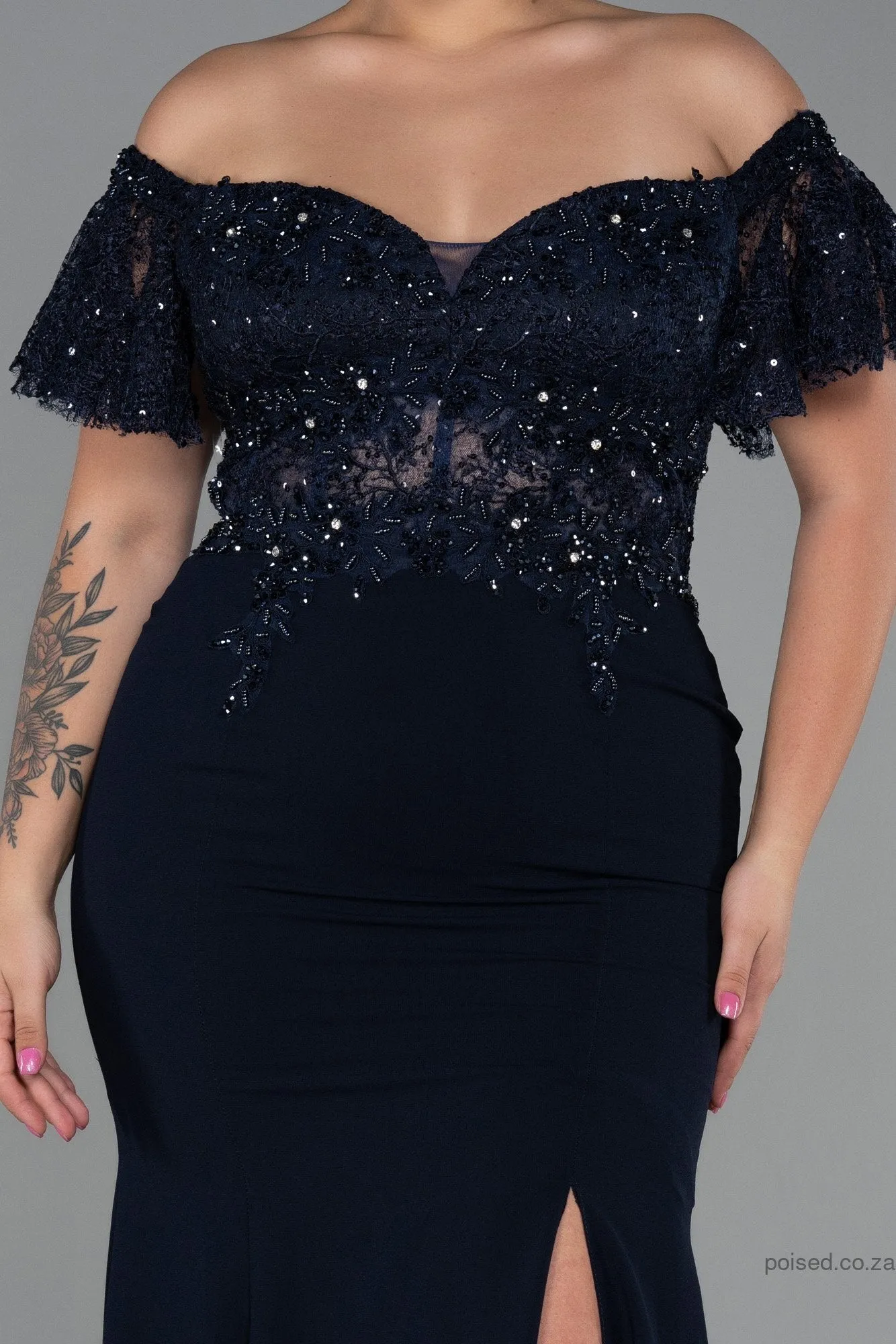 30172 Navy Blue Off-Shoulder Transparent Waist Slit Mermaid Dress