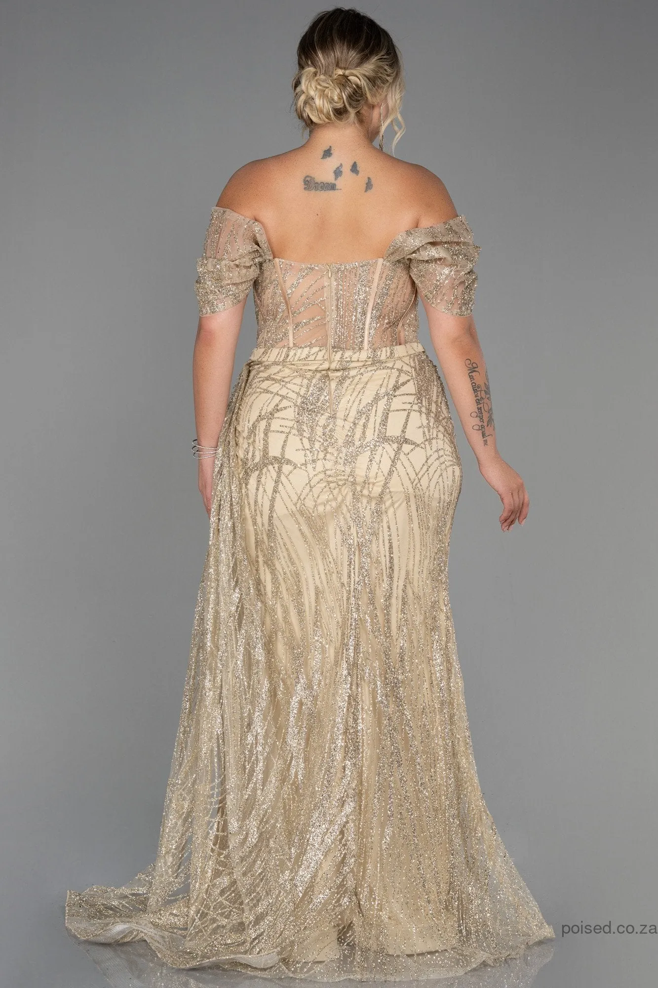 30184 Gold Off-Shoulder Sheer Corset Slit Dress