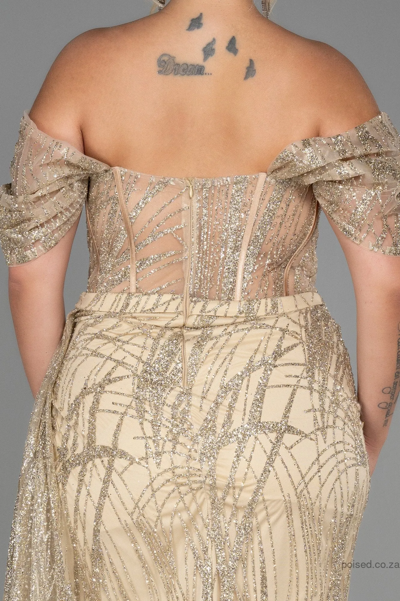 30184 Gold Off-Shoulder Sheer Corset Slit Dress