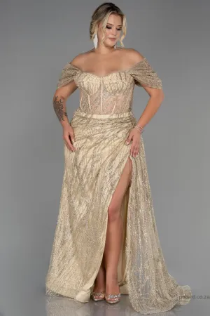 30184 Gold Off-Shoulder Sheer Corset Slit Dress