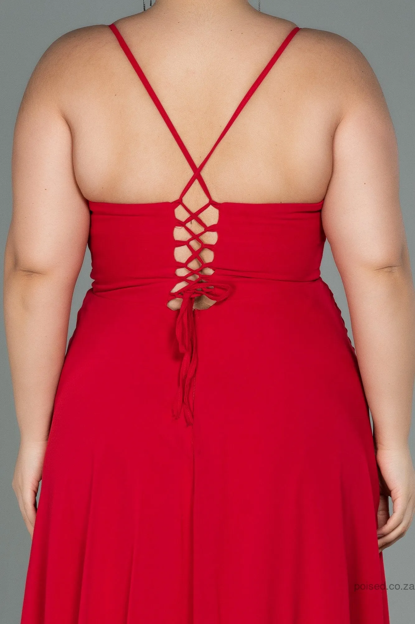 30204 Red Back Cross Strap Slit Chiffon Dress