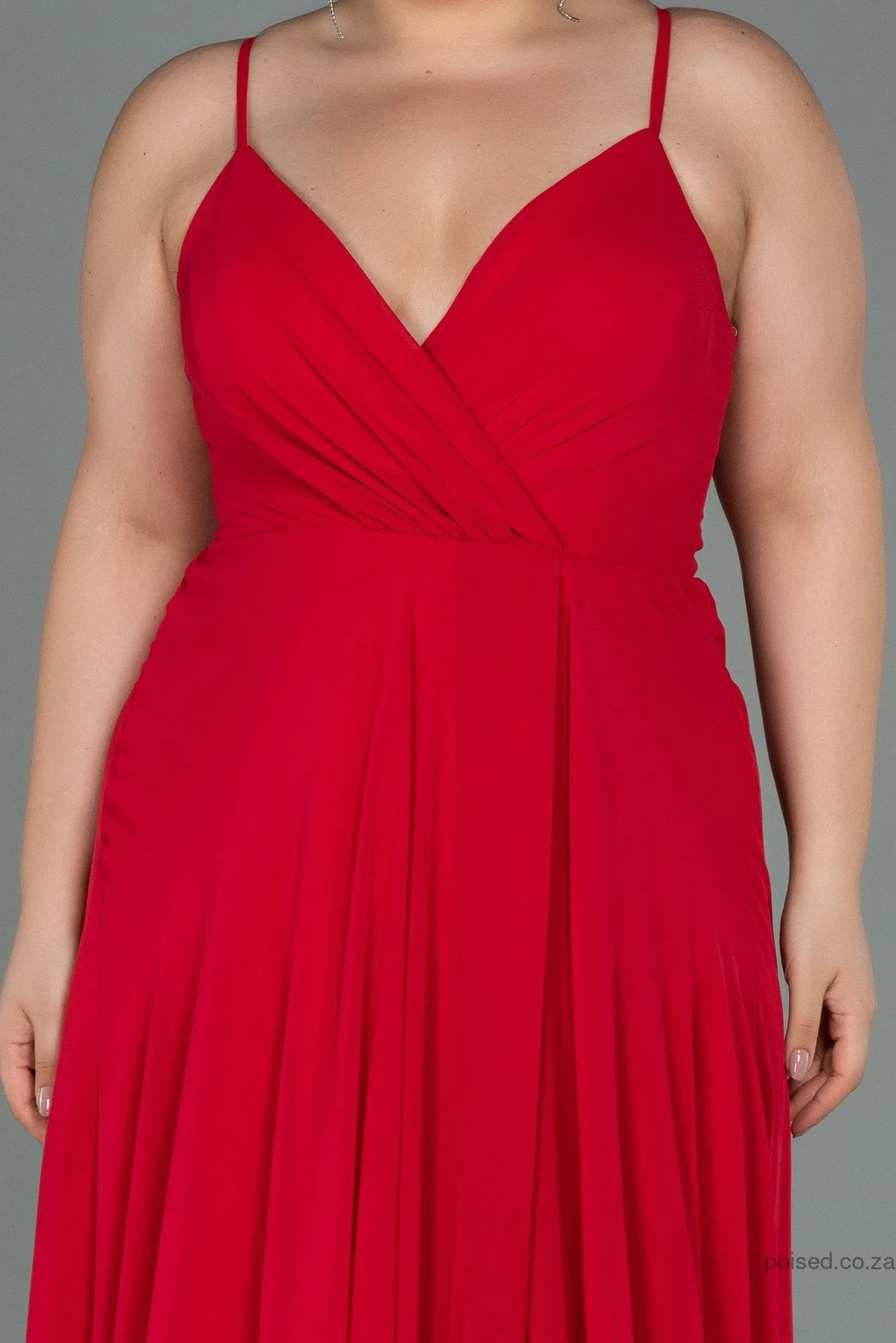 30204 Red Back Cross Strap Slit Chiffon Dress