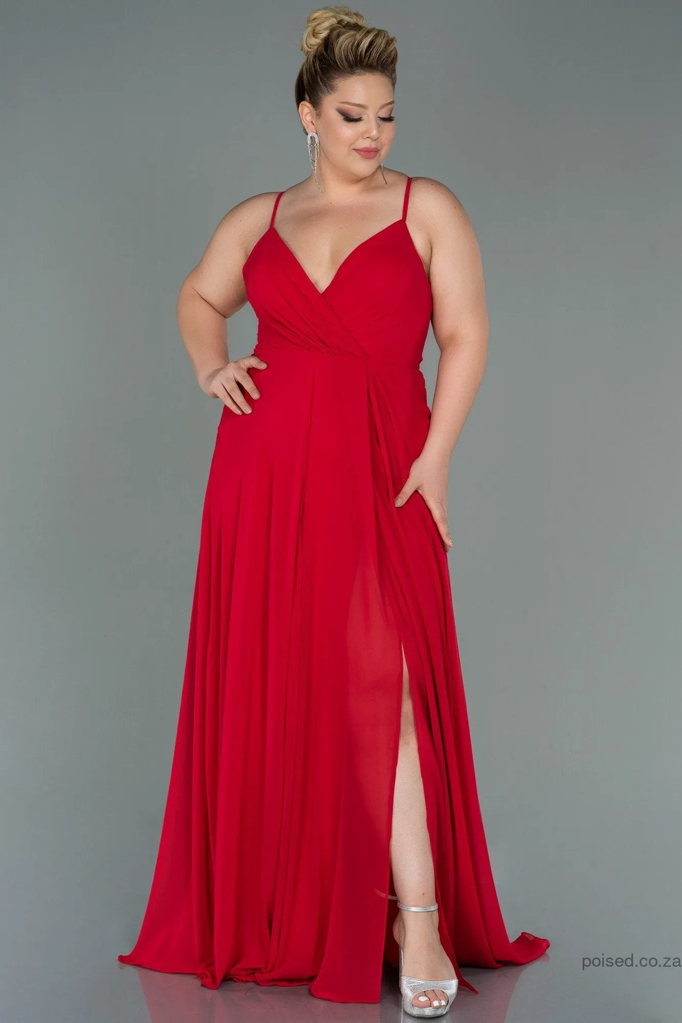 30204 Red Back Cross Strap Slit Chiffon Dress