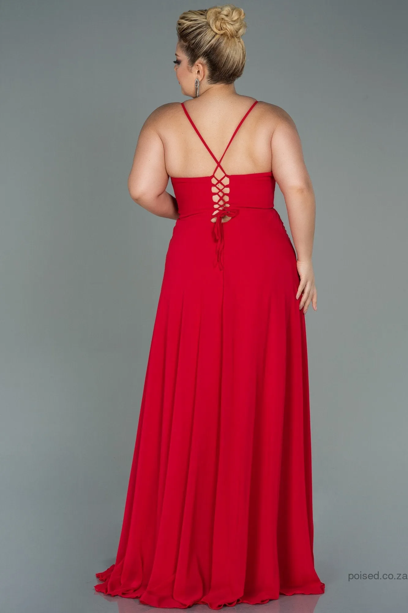 30204 Red Back Cross Strap Slit Chiffon Dress