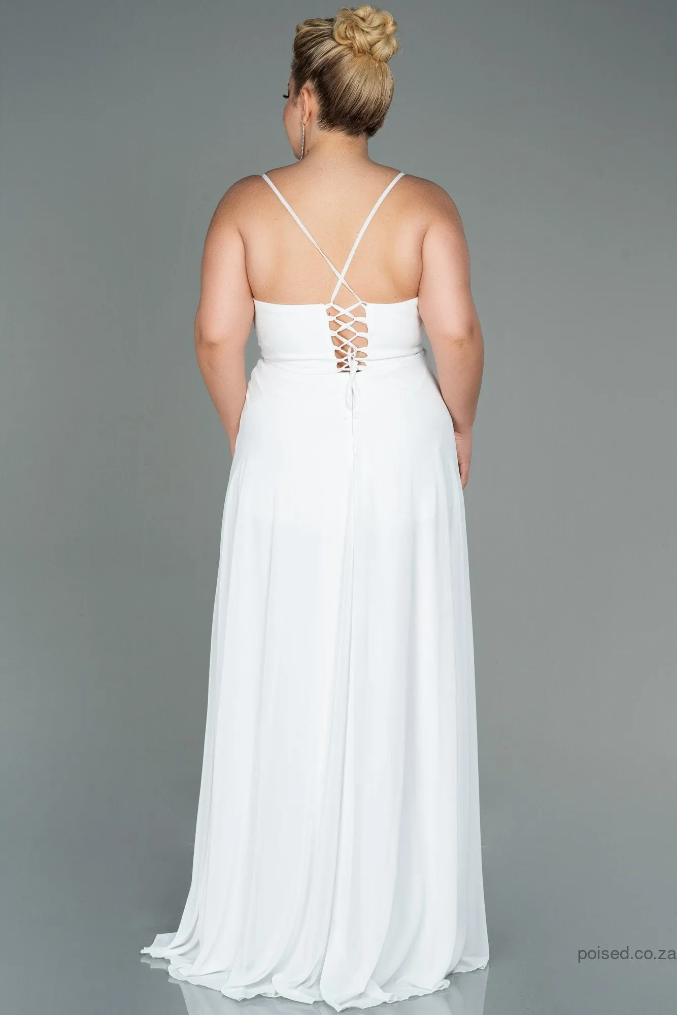 30208 Off-White Back Cross Strap Slit Chiffon Dress