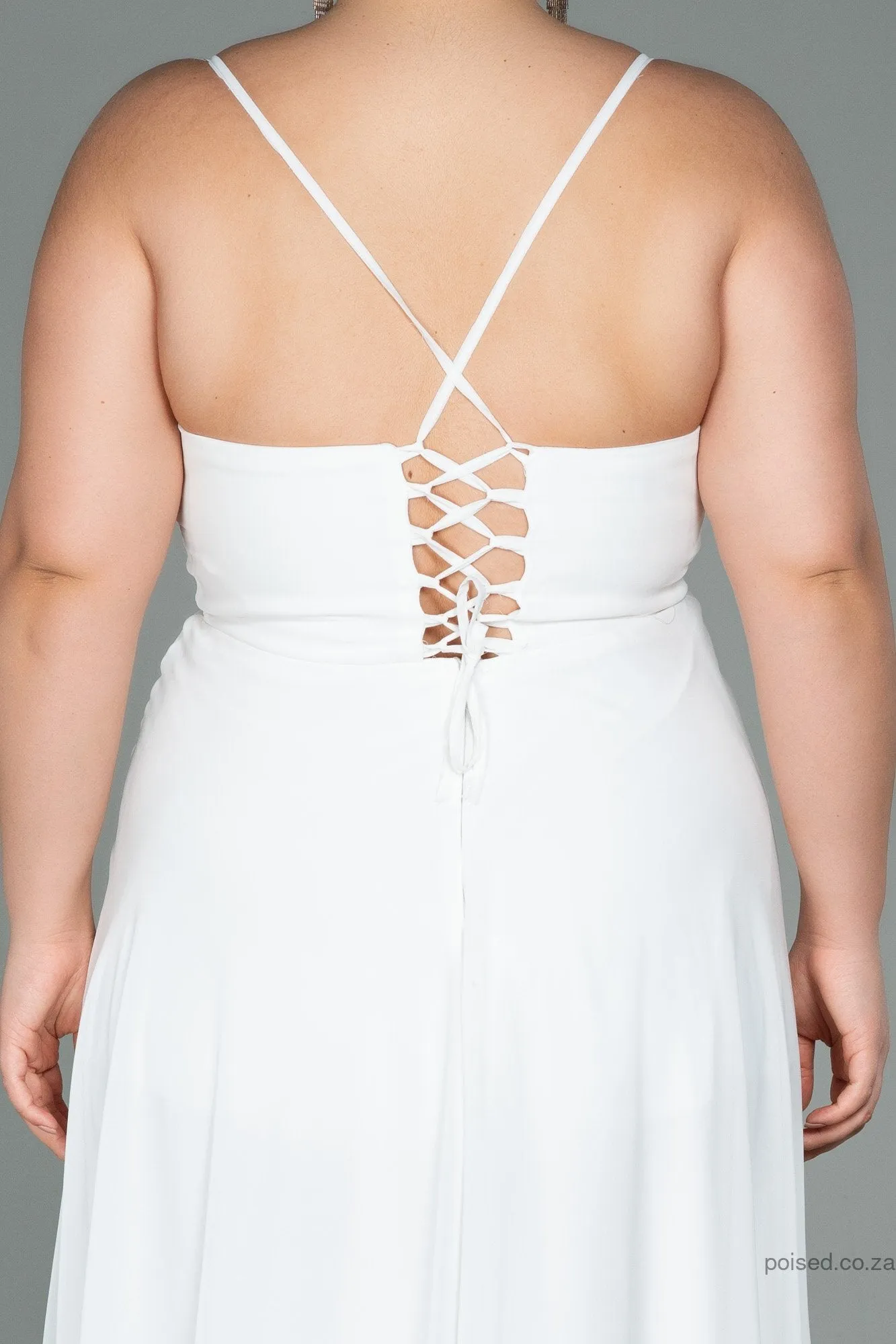 30208 Off-White Back Cross Strap Slit Chiffon Dress
