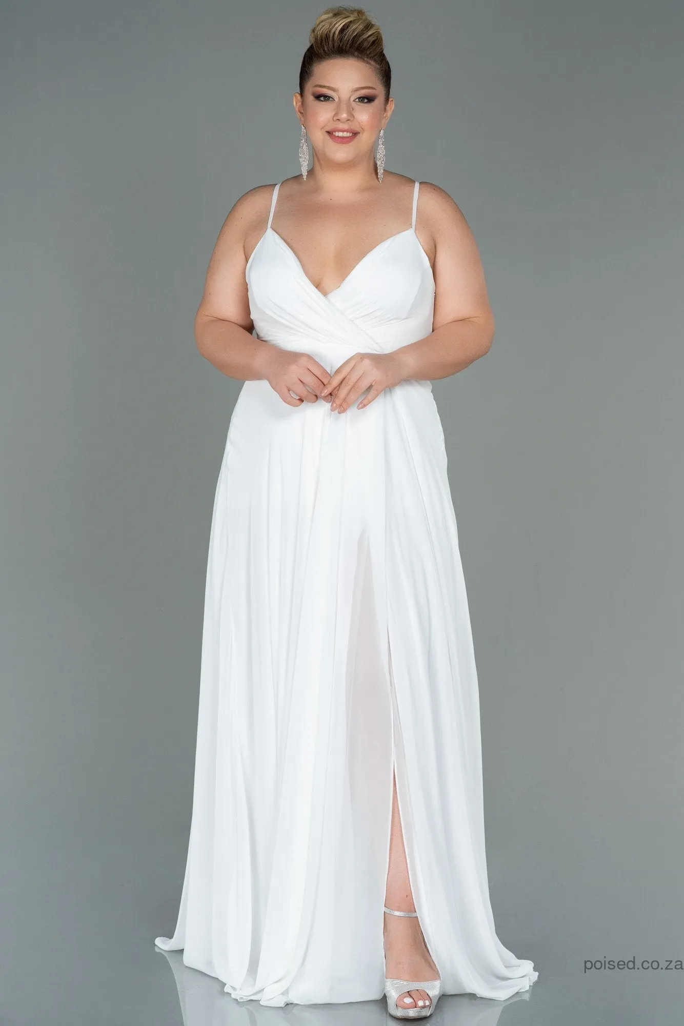 30208 Off-White Back Cross Strap Slit Chiffon Dress