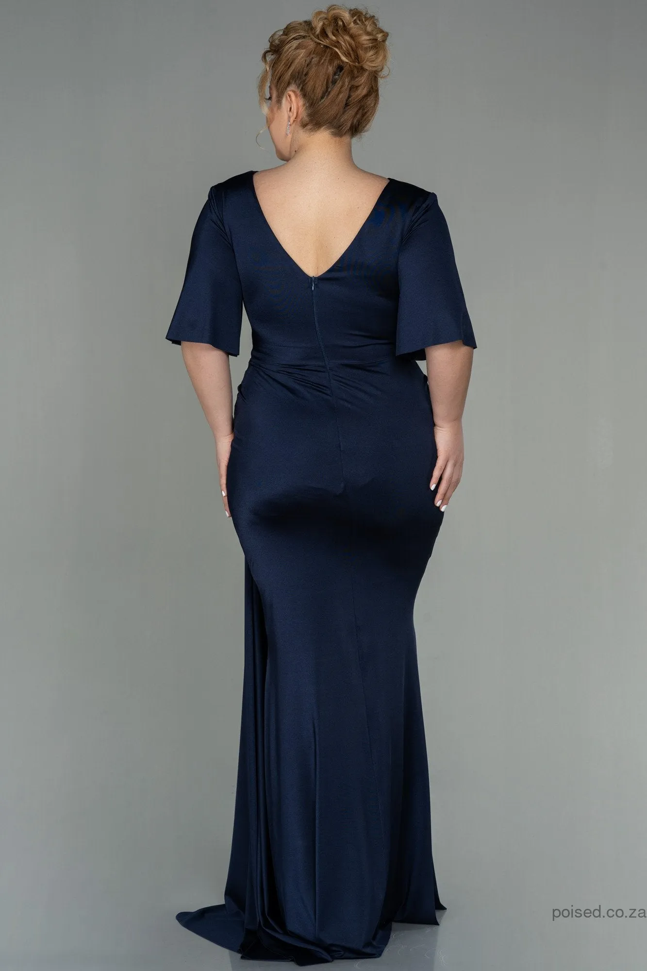 30210 Navy Blue Waist Brooch Draped Slit Dress